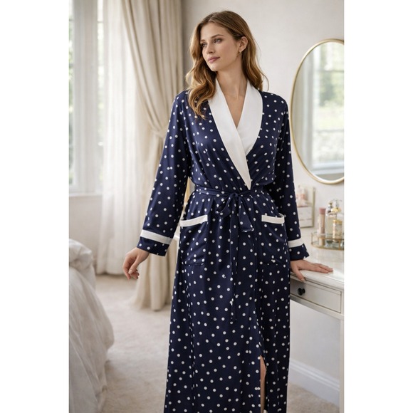 Victoria's Secret Other - Vintage Victoria's Secret Polka Dot Full Length Robe Blue White M/L Bridal